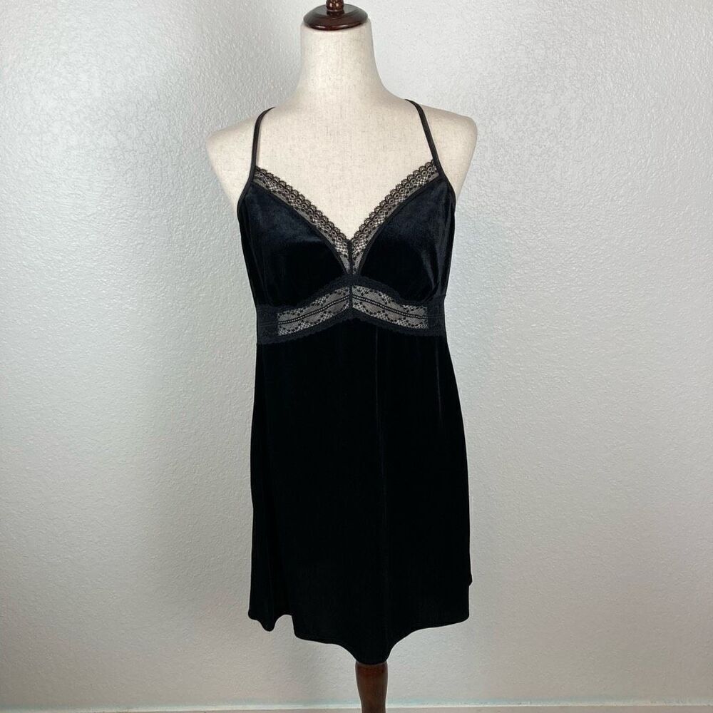 Linea Donatella Y2K Black Lace Velvet Bow‎ Back Babydoll Goth Mini Slip Dress M